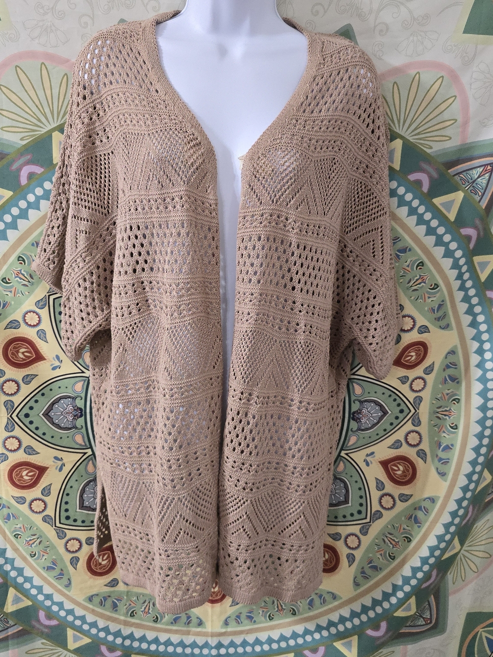 Lightweight Crochet Open-Front Women's Sweater Cardigan - Tan
